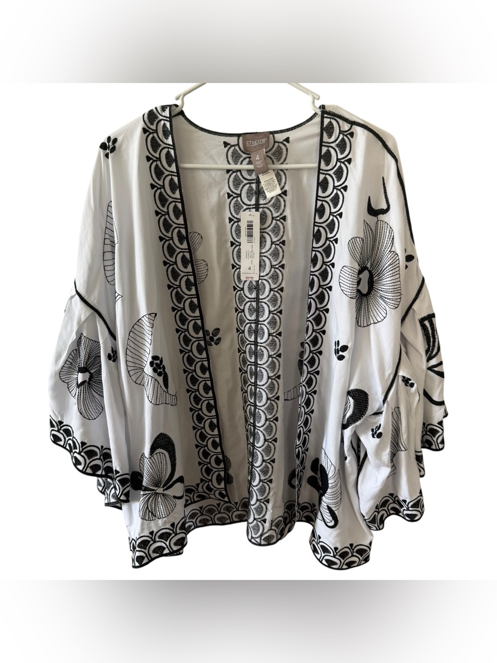 Chico’s Flare sleeve open front Boho jacket Black White XXL (Chico’s 4) NWT